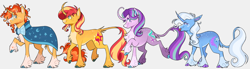 Size: 2048x566 | Tagged: safe, artist:wanderingpegasus, derpibooru import, starlight glimmer, sunburst, sunset shimmer, trixie, classical unicorn, pony, unicorn, g4, cloven hooves, curved horn, group, horn, leonine tail, redraw, remake, simple background, tongue, tongue out, unshorn fetlocks, white background