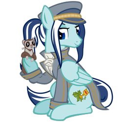 Size: 1501x1501 | Tagged: safe, artist:the smiling pony, derpibooru import, oc, oc only, oc:sosidge, oc:splendence, ferret, pegasus, pony, g4, .svg available, 2024 community collab, ascot, cap, clothes, coat, derpibooru community collaboration, folded wings, hat, male, sailor, simple background, sitting, smiling, stallion, svg, transparent background, uniform, vector, wings