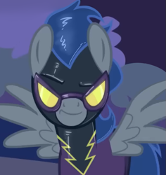 Size: 635x674 | Tagged: safe, derpibooru import, edit, edited screencap, editor:anonymous, screencap, descent, pegasus, pony, /mlp/ latex requests, clothes, costume, cropped, eyebrows, goggles, latex, latex mask, latex suit, png, raised eyebrow, shadowbolts, shadowbolts costume, smiling, smirk, solo, spread wings, wings