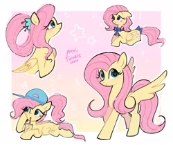 Size: 2048x1723 | Tagged: safe, artist:petaltwinkle, derpibooru import, fluttershy, pegasus, pony, alternate hairstyle, baseball cap, bow, cap, cute, drink, drinking, drinking straw, female, gradient background, hat, heart, heart eyes, looking at you, lying down, mare, ponytail, prone, shyabetes, signature, smiling, smiling at you, solo, sploot, spread wings, tail, tail bow, wingding eyes, wings