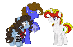 Size: 3880x2496 | Tagged: safe, artist:welcome-rose, derpibooru import, oc, oc only, oc:badgering badger, oc:lucky charm, oc:silly scribe, pegasus, pony, unicorn, 2024 community collab, bandana, clothes, commission, derpibooru community collaboration, ear fluff, ears, gloves, male, raised hoof, raised leg, shirt, simple background, size difference, stallion, transparent background, trio