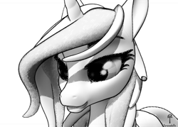 Size: 1702x1216 | Tagged: safe, artist:teonanakatle, derpibooru import, pony, unicorn, 3d, black and white, grayscale, monochrome, simple background, solo, white background, wip