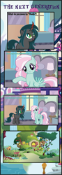 Size: 1661x4676 | Tagged: safe, artist:shootingstarsentry, derpibooru import, oc, oc:lilypad, oc:nightshade (digimonlover101), changepony, hybrid, pegasus, pony, comic:the next generation, female, fluttershy's cottage, interspecies offspring, mare, offspring, parent:doctor caballeron, parent:fluttershy, parent:king sombra, parent:queen chrysalis, parents:caballershy, parents:chrysombra