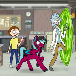 Size: 1500x1500 | Tagged: safe, artist:ritork, derpibooru import, oc, oc:razzmatazz gleam, human, hybrid, pegabat, pegasus, pony, crossover, female, morty smith, portal, rick and morty, rick sanchez