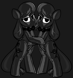 Size: 782x827 | Tagged: safe, artist:latexia, derpibooru import, edit, editor:anonymous, octavia melody, earth pony, pony, /mlp/ latex requests, bipedal, bondage, bow, bowtie, clothes, dark, duality, encasement, gray background, grayscale, hood, hoof hold, latex, latex suit, leaning, lidded eyes, monochrome, png, seams, self paradox, self ponidox, shitposting, simple background