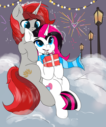 Size: 2500x3000 | Tagged: safe, derpibooru import, oc, oc only, pony, unicorn, clothes, couple, fireworks, love, present, scarf, streetlight, string lights, striped scarf