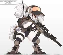 Size: 1208x1050 | Tagged: safe, artist:ncmares, derpibooru import, oc, oc only, earth pony, pony, artificial hands, assault rifle, augmented, baseball cap, big mare, bipedal, boots, cap, clothes, cybernetic legs, cyberpunk, female, gloves, goggles, gradient background, gun, handgun, hat, hockless socks, holster, jacket, leotard, mare, mask, pistol, radio, rifle, shoes, simple background, socks, soldier, solo, tactical vest, thunder thighs, weapon