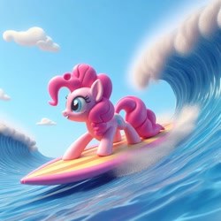 Size: 1024x1024 | Tagged: safe, ai content, derpibooru import, machine learning generated, pinkie pie, earth pony, pony, g4, female, ocean, prompter:pinkiepiepics, solo, surfboard, surfing, water, wave