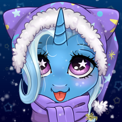 Size: 1748x1748 | Tagged: safe, artist:lailyren, derpibooru import, trixie, pony, unicorn, g4, :3, :p, blushing, bust, clothes, commission, cute, diatrixes, female, hat, horn, looking at you, mare, portrait, scarf, smiling, smiling at you, snow, snowfall, solo, starry eyes, tongue, tongue out, wingding eyes, winter hat, ych result