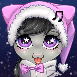 Size: 1748x1748 | Tagged: safe, artist:lailyren, derpibooru import, octavia melody, earth pony, pony, g4, :3, :p, blushing, bust, clothes, commission, cute, female, hat, looking at you, mare, music notes, portrait, scarf, smiling, smiling at you, snow, snowfall, solo, starry eyes, tavibetes, tongue, tongue out, wingding eyes, winter hat, ych result