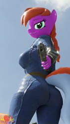 Size: 2160x3840 | Tagged: safe, artist:marianokun, derpibooru import, oc, oc:rass, anthro, fallout equestria, 3d, advertisement, aiming, anthro oc, blender, butt, clothes, commission, gun, high res, jumpsuit, looking at you, pipboy, smiling, smiling at you, vault suit, vulgar, weapon, ych result