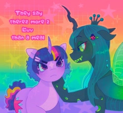 Size: 1440x1312 | Tagged: safe, artist:ariariari.png, derpibooru import, queen chrysalis, twilight sparkle, unicorn twilight, changeling, changeling queen, pony, unicorn, abstract background, duo, female, gradient background, lesbian, rainbow, rainbow background, ship:twisalis, shipping