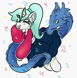 Size: 2216x2221 | Tagged: safe, artist:opalacorn, derpibooru import, oc, oc only, oc:nine the divine, dragon, pony, unicorn, chinese dragon, clothes, confetti, female, heart, heart eyes, looking at you, mare, one eye closed, open mouth, open smile, puffy sleeves, shirt, simple background, skirt, smiling, solo, white background, wingding eyes, wink, winking at you, year of the dragon