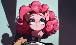 Size: 1280x768 | Tagged: safe, ai content, derpibooru import, machine learning generated, pinkie pie, earth pony, human, pony, cute, digital art, female, female focus, hand, human pov, looking at you, male, offscreen character, offscreen human, offscreen male, overhead view, prompter:yuduz367, simple background, solo focus