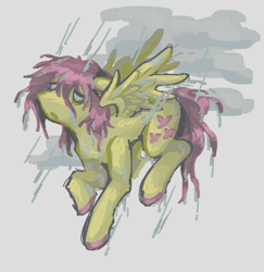 Size: 1280x1319 | Tagged: safe, artist:girl-bug 925, derpibooru import, fluttershy, pegasus, pony, alternate hairstyle, cloud, colored hooves, female, frown, gray background, mare, open mouth, rain, raincloud, simple background, solo, spread wings, white background, wings