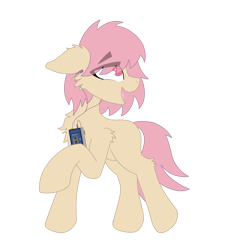 Size: 4096x4096 | Tagged: safe, artist:kotwitz, artist:vinyvitz, derpibooru exclusive, derpibooru import, oc, oc only, oc:voxovie, earth pony, pony, 2024 community collab, chest fluff, derpibooru community collaboration, ear fluff, earbuds, ears, eye clipping through hair, floppy ears, looking back, open mouth, pink eyes, pink hair, raised hoof, raised leg, simple background, smiling, solo, standing, transparent background, walkman