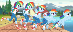 Size: 2700x1200 | Tagged: safe, artist:anonymous, derpibooru import, rainbow dash, pegasus, pony, equestria girls, animorphs, camp everfree, camp everfree outfits, capri pants, clothes, female, forest, human to pony, mare, mountain, nature, pier, shirt, solo, species swap, t-shirt, transformation, transformation sequence, tree, water