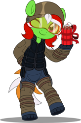 Size: 3275x5000 | Tagged: safe, artist:jhayarr23, derpibooru import, oc, oc only, oc:wandering sunrise, earth pony, fallout equestria, fallout equestria: dead tree, armor, bipedal, commission, commissioner:solar aura, dynamite, earth pony oc, explosives, goggles, helmet, one eye closed, present, ribbon, simple background, solo, transparent background, wink, ych result, your character here