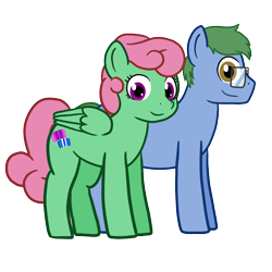 Size: 1500x1500 | Tagged: safe, artist:phallen1, derpibooru exclusive, derpibooru import, oc, oc only, oc:software patch, oc:windcatcher, earth pony, pegasus, pony, 2024 community collab, derpibooru community collaboration, duo, duo male and female, earth pony oc, female, male, pegasus oc, simple background, transparent background, wings