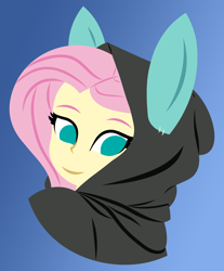 Size: 4776x5772 | Tagged: safe, artist:egor418, derpibooru import, fluttershy, human, equestria girls, g4, absurd resolution, blue background, bunny ears, bunnyshy, clothes, costume, dangerous mission outfit, female, gradient background, high res, hoodie, lineless, no pupils, simple background, smiling, solo