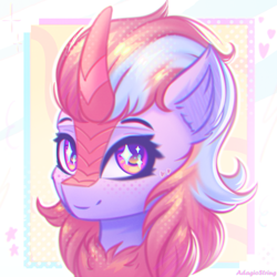 Size: 2000x2000 | Tagged: safe, artist:adagiostring, derpibooru import, oc, oc only, kirin, abstract background, bust, commission, cute, female, headshot commission, kirin oc, looking at you, portrait, simple background, smiling, solo, solo focus, sparkles