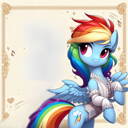 Size: 1024x1024 | Tagged: safe, ai content, derpibooru import, generator:bing image creator, machine learning generated, rainbow dash, clothes, corset, prompter:*rainbow dash*, rainbow dash always dresses in style, spread wings, wings