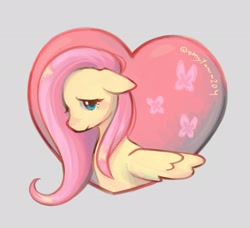 Size: 2048x1867 | Tagged: safe, artist:amytama204, derpibooru import, fluttershy, pegasus, pony, cute, ears, female, floppy ears, gray background, heart, mare, shyabetes, simple background, solo