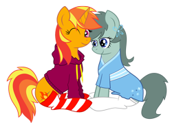 Size: 2100x1500 | Tagged: safe, artist:ch_stjt, artist:ricky_mckim, derpibooru import, oc, oc only, oc:ricky, oc:toto, earth pony, pony, unicorn, 2024 community collab, clothes, derpibooru community collaboration, duo, duo female, female, horn, simple background, socks, striped socks, transparent background