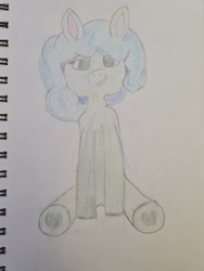 Size: 3024x4032 | Tagged: safe, artist:crystaline, derpibooru import, oc, oc only, earth pony, pony, blue hair, colored, female, green coat, hooves, looking at you, no source, photo, simple background, sitting, sketch, smiling, solo, traditional art, white background