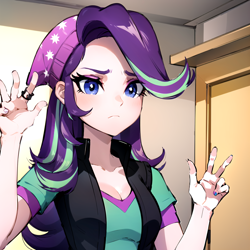 Size: 1344x1344 | Tagged: source needed, safe, ai content, derpibooru import, generator:stable diffusion, machine learning assisted, machine learning generated, starlight glimmer, human, equestria girls, g4, clothes, cute, female, frown, hat, human coloration, jacket, multicolored hair, prompter needed, shirt, solo
