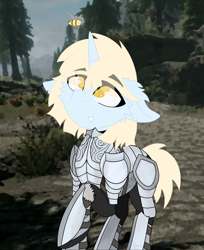 Size: 4396x5396 | Tagged: safe, artist:kotwitz, artist:vinyvitz, derpibooru exclusive, derpibooru import, oc, oc only, oc:aria taitava, bee, insect, armor, armored pony, detailed background, ear fluff, ears, eye clipping through hair, eyebrows, floppy ears, fur, happy, leather, leather straps, looking up, raised eyebrow, raised hoof, raised leg, road, scar, short hair, short tail, signature, skyrim, smiling, solo, standing, tail, the elder scrolls, torn ear, tree