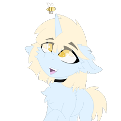 Size: 4096x4096 | Tagged: safe, artist:kotwitz, artist:vinyvitz, derpibooru exclusive, derpibooru import, oc, oc only, oc:aria taitava, bee, insect, unicorn, cheek fluff, chest fluff, choker, ear fluff, ears, eye clipping through hair, eyebrows, floppy ears, fluffy, fur, happy, looking up, open mouth, raised eyebrow, raised hoof, raised leg, short hair, short tail, simple background, smiling, solo, standing, tail, teeth, torn ear, transparent background