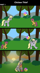 Size: 1920x3516 | Tagged: safe, artist:platinumdrop, derpibooru import, derpy hooves, scootaloo, pegasus, pony, comic:chicken thief, g4, 3 panel comic, ball, blank flank, cloud, comic, commission, cute, cutealoo, derpabetes, duo, duo female, eyes closed, female, filly, foal, folded wings, grass, happy, hug, mare, nuzzling, open mouth, open smile, outdoors, playing, sitting, sky, smiling, spread wings, sun, sunset, tree, wholesome, winghug, wings