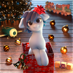 Size: 2160x2160 | Tagged: safe, artist:dcd, derpibooru import, oc, oc only, earth pony, pony, 3d, 3d model, adorable face, blender, blender cycles, blocks, christmas, christmas lights, christmas tree, chubby, chubby cheeks, clothes, cute, day, ears, earth pony oc, female, floppy ears, happy, holiday, mare, mistletoe, moonlight, night, ornament, pony oc, present, ribbon, scarf, smiling, solo, solo focus, tree, wrapping paper