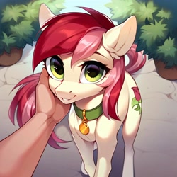 Size: 4096x4096 | Tagged: safe, ai content, derpibooru import, generator:purplesmart.ai, generator:stable diffusion, machine learning generated, roseluck, human, pony, behaving like a cat, collar, cute, hand, offscreen character, offscreen human, pet tag, petting, pony pet, prompter:doom9454, rosepet, standing