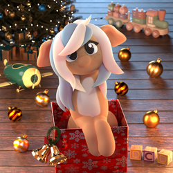 Size: 2160x2160 | Tagged: safe, artist:dcd, derpibooru import, oc, oc only, earth pony, pony, 3d, 3d model, adorable face, blender, blender cycles, blocks, christmas, christmas lights, christmas tree, chubby, chubby cheeks, clothes, cute, day, ears, earth pony oc, female, floppy ears, happy, holiday, mare, mistletoe, moonlight, night, ornament, pony oc, present, ribbon, scarf, smiling, solo, solo focus, tree, wrapping paper
