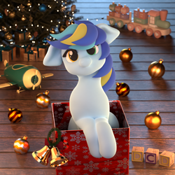 Size: 2160x2160 | Tagged: safe, artist:dcd, derpibooru import, oc, oc only, earth pony, pony, 3d, 3d model, adorable face, blender, blender cycles, blocks, box, christmas, christmas lights, christmas tree, chubby, chubby cheeks, clothes, cute, day, ears, earth pony oc, female, floppy ears, happy, heterochromia, holiday, mare, mistletoe, moonlight, night, ornament, pony in a box, pony oc, present, ribbon, scarf, smiling, solo, solo focus, tree, wrapping paper