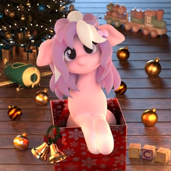 Size: 2160x2160 | Tagged: safe, artist:dcd, derpibooru import, oc, oc only, earth pony, pony, 3d, 3d model, adorable face, blender, blender cycles, blocks, box, christmas, christmas lights, christmas tree, chubby, chubby cheeks, clothes, cute, day, ears, earth pony oc, female, floppy ears, happy, holiday, mare, mistletoe, moonlight, night, ornament, pony in a box, pony oc, present, ribbon, scarf, smiling, solo, solo focus, tree, wrapping paper