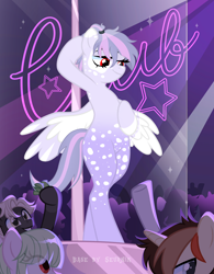 Size: 3000x3854 | Tagged: safe, alternate version, artist:ghostpikachu, derpibooru import, oc, oc only, oc:leila, pegasus, pony, base used, bipedal, club, dancing, female, high res, mare, party, pegasus oc, pole, pole dancing, red eyes, sexy, solo focus, spotlight, spread wings, stripper pole, vitiligo, wings