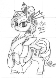 Size: 871x1200 | Tagged: safe, artist:sepiakeys, derpibooru import, rarity, pony, clothes, kimono (clothing), monochrome, sketch, solo