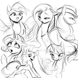 Size: 1000x1000 | Tagged: safe, artist:tttthunderbolt, derpibooru import, applejack, fluttershy, pinkie pie, rainbow dash, rarity, twilight sparkle, twilight sparkle (alicorn), alicorn, earth pony, pegasus, pony, unicorn, black and white, grayscale, mane six, monochrome, open mouth, simple background, sketch, smiling, white background