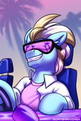 Size: 2000x3000 | Tagged: safe, artist:jedayskayvoker, derpibooru import, oc, oc:miami machine, earth pony, pony, bust, clothes, colored sketch, driving, earth pony oc, icon, looking at you, male, not lightning dust, portrait, shirt, sketch, smiling, smiling at you, solo, stallion, sunglasses, t-shirt