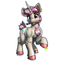 Size: 2784x2784 | Tagged: safe, artist:rainihorn, derpibooru import, oc, oc only, oc:lollipop, pony, unicorn, 2024 community collab, community collab, derpibooru community collaboration, heterochromia, horn, male, paint, painting, rainbow, simple background, solo, stallion, transparent background