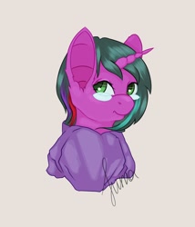 Size: 3000x3500 | Tagged: safe, artist:lunayourlife, derpibooru import, oc, oc only, pony, unicorn, g4, clothes, female, glasses, green eyes, green hair, high res, hoodie, looking at you, mare, simple background