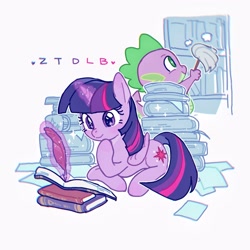 Size: 3000x3000 | Tagged: safe, artist:ztdlb, artist:zzhangtuideluobu, derpibooru import, spike, twilight sparkle, twilight sparkle (alicorn), alicorn, dragon, pony, book, cleaning, cute, duo, dust, duster, female, mare, paper, quill, reading, simple background, that pony sure does love books, twiabetes, white background, writing