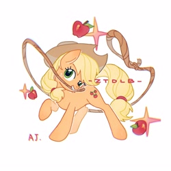 Size: 4000x4000 | Tagged: safe, artist:ztdlb, derpibooru import, earth pony, pony, apple, applejack's hat, clothes, cowboy hat, cutie mark, food, hat, rope, simple background, sparkles, white background