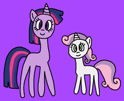 Size: 1141x925 | Tagged: safe, artist:the-rainbow-nigga420, derpibooru import, sweetie belle, twilight sparkle, unicorn twilight, pony, unicorn, series:my little filly: friendship is magic, g4, 1000 hours in ms paint, adult blank flank, background pony, blank flank, cute, diasweetes, duo, female, filly, foal, mare, ms paint, paint.net, purple background, simple background, smiling, twiabetes