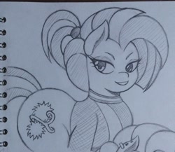 Size: 2048x1776 | Tagged: safe, artist:artmorheart, derpibooru import, shimmy shake, earth pony, butt, large butt, smiling, traditional art