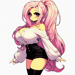 Size: 1024x1024 | Tagged: safe, ai content, derpibooru import, machine learning generated, fluttershy, human, g4, adorasexy, bare shoulders, beautiful, big breasts, blouse, blushing, breasts, button-up shirt, buttons, clothes, curvy, cute, female, hootershy, hourglass figure, huge breasts, humanized, long hair, looking at you, ponytail, prompter:horselover fat, sexy, shirt, shorts, shoulderless, simple background, smiling, smiling at you, solo, strapless, thin, tight clothing, unbuttoned, white background, white shirt