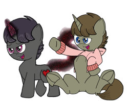Size: 1310x1040 | Tagged: safe, artist:darkknighthoof, derpibooru exclusive, derpibooru import, oc, oc only, oc:darkknighthoof, oc:darkknightshade, pony, unicorn, 2024 community collab, augmented, augmented tail, clothes, derpibooru community collaboration, duo, fangs, glowing, glowing horn, hoodie, horn, magic, male, open mouth, simple background, sitting, stallion, sweater, sweater meme, tail, transparent background, underhoof